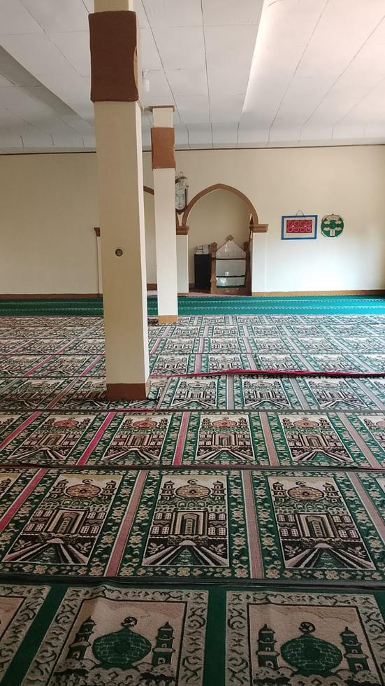 Ruang salat: karpet sajadah dan pilar masjid